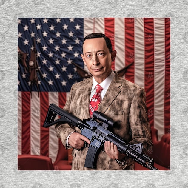 Pee Wee Herman with machine gun, USA flag behind by Maverick Media